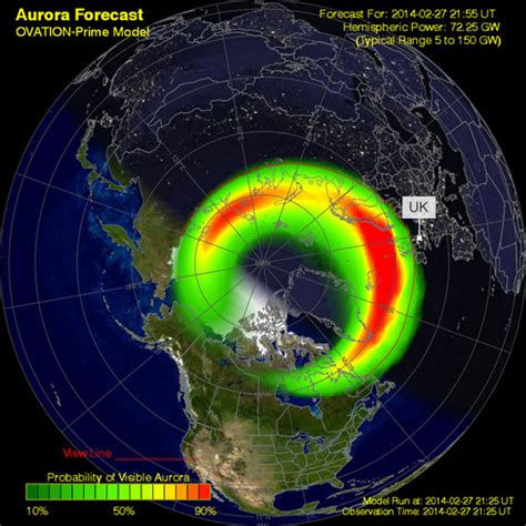 Northern Hemisphere. This is a short-term forecast of the location and intensity of the aurora. This product is based on the OVATION model and provides a 30 to 90 minute forecast of the location and intensity of the aurora. The forecast lead time is the time it takes for the solar wind to travel from the L1 observation point to Earth.